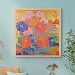 Abstract Floral and Fireworks Wall Art with Gold Accents, Modern, Vibrant, Colorful Digital Artwork for Instant Download, 4th of July