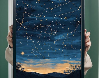 Lámina artística de constelaciones del cielo nocturno: Decoración cósmica celestial (descarga digital)