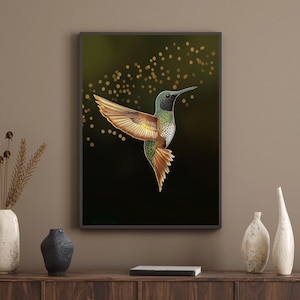 Hummingbird Wall Art Digital Download | Elegant Wildlife Printable | Gold and Green Bird Artwork for Home, Office, or Nature-Inspired Decor
