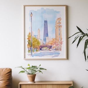 Chicago Skyline Watercolor Print: Hancock Tower, Urban Landscape (Digital Download)