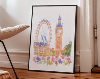 London Watercolor Print: Big Ben & London Eye Art (Digital Download)
