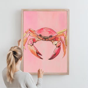 Afdrukbare muurkunst roze krab - digitale download kust - pastelkunst strandthema - trendy oceaandecor voor moderne ruimtes