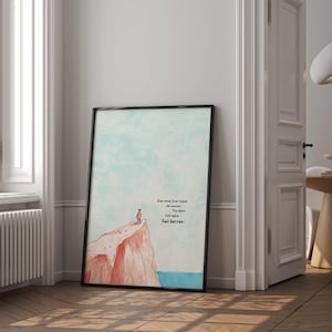 Digital illustration of a person standing at the edge of a red cliff, gazing out over the ocean under a soft blue sky. The right side of the artwork features the famous motivational quote: “Ever tried. Ever failed. No matter. Try again. Fail again. Fail better.” in bold text. This inspirational digital wall art encourages resilience and is perfect for printing and displaying in offices, dorm rooms, or therapy spaces as a reminder to persevere.