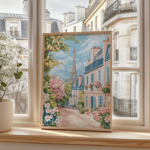 Eiffel Tower Print: Paris Spring Floral Street Scene (Digital Download)