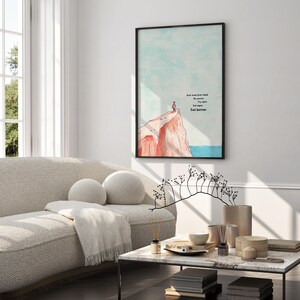 Digital illustration of a person standing at the edge of a red cliff, gazing out over the ocean under a soft blue sky. The right side of the artwork features the famous motivational quote: “Ever tried. Ever failed. No matter. Try again. Fail again. Fail better.” in bold text. This inspirational digital wall art encourages resilience and is perfect for printing and displaying in offices, dorm rooms, or therapy spaces as a reminder to persevere.
