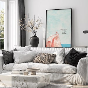 Digital illustration of a person standing at the edge of a red cliff, gazing out over the ocean under a soft blue sky. The right side of the artwork features the famous motivational quote: “Ever tried. Ever failed. No matter. Try again. Fail again. Fail better.” in bold text. This inspirational digital wall art encourages resilience and is perfect for printing and displaying in offices, dorm rooms, or therapy spaces as a reminder to persevere.