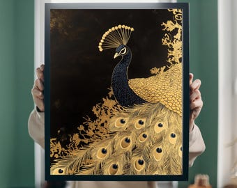 Gold Peacock Art Print: Elegant Black and Gold Decor (Digital Download)