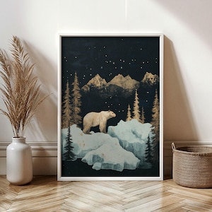 Vintage Polar Bear Print: Arctic Night Sky, Wildlife Decor (Digital Download)