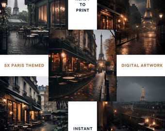 Paris Art Print Set: Eiffel Tower & Cafe Views (5 JPG Digital Downloads)