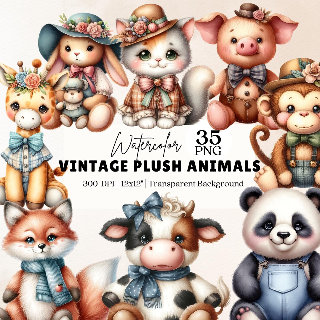 Watercolor Vintage Plush Animals Clipart Bundle, Baby Animals, Nursery ...