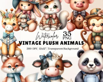 Watercolor Vintage Plush Animals Clipart Bundle, Baby Animals, Nursery Decor, Baby Shower, Junk Journal, Whimsical, Crafts