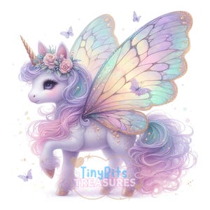 Clipart licorne papillon violet, licorne mignonne florale, 15 JPG sur fond blanc, journal indésirable, créations DIY, fantaisiste, téléchargement numérique