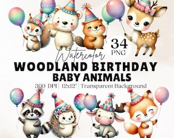 Clipart de animales de cumpleaños del bosque en acuarela, uso comercial (descarga digital)