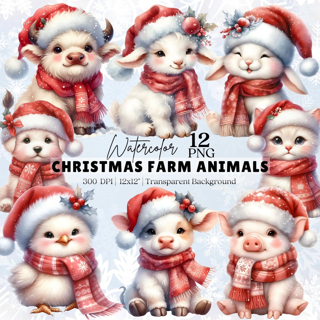 Christmas Farm Animals Clipart, 12 PNG Watercolor Animals, Cute Animals ...