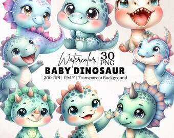 Può includere: Una collezione di illustrazioni ad acquerello di cuccioli di dinosauro in varie pose. I dinosauri sono in tonalità di blu, verde e rosa, con grandi occhi ed espressioni amichevoli. Il testo sull'immagine recita: "Watercolor 30 PNG BABY DINOSAUR 300 DPI 12x12 Transparent Background."