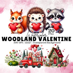 Watercolor Valentines Day Clipart, Woodland Animals, Baby Animals Clipart, Valentines Animals, Valentines Decor, Woodland Baby Shower