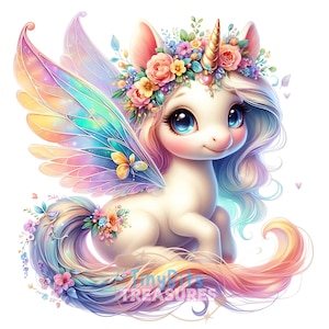 Clipart licorne arc-en-ciel féerique, bébé mignon licorne JPG, licorne féerique, fond blanc, journal indésirable, fantastique, fantaisiste, téléchargement numérique