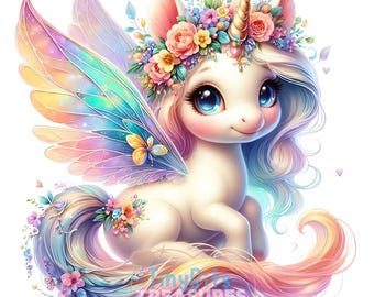 Può includere: Un unicorno bianco con criniera e coda arcobaleno, che indossa una corona di fiori e ali di fata iridescenti. L'unicorno ha occhi azzurri e un naso rosa.