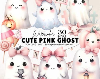 Halloween Ghost Clipart, 30 PNG Cute Pink Ghost, Pink Bow Ghost, Cute Ghost, Kids Halloween, Ghost Stickers, Ghost Decor, Halloween Clipart