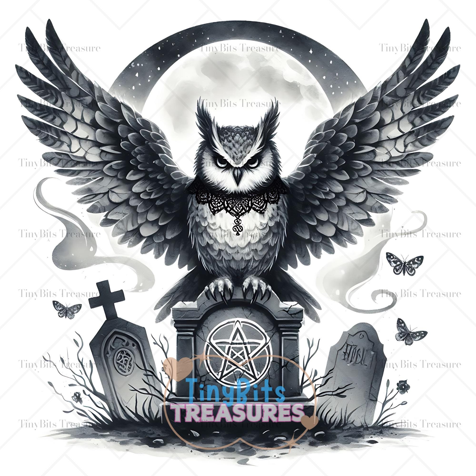Gothic Cemetery Owl Clipart, 15 JPG Halloween Dark Owl, Gothic Owl Decor, Halloween Clipart, Hallowe