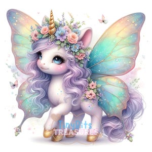Clipart licorne papillon printemps, licorne mignonne florale, 15 JPG sur fond blanc, journal indésirable, créations DIY, fantaisiste, téléchargement numérique