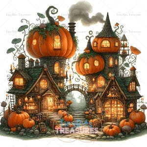Könnte beinhalten: Eine skurrile Illustration eines Halloween-Dorfes mit kürbisförmigen Türmen und Häusern. Die Gebäude bestehen aus Stein und Holz, mit orangefarbenen Kürbissen und grünen Ranken. Rauch steigt aus einem Schornstein auf, und die Szene ist mit warmem, einladendem Licht beleuchtet.