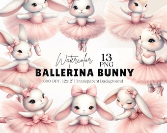 Watercolor Ballerina Bunny Clipart Png, Pink Bow Bunny, Pink Ballerina Clipart, Bunny Ballerina, Baby Shower, Nursery Decor, Baby Girl Decor