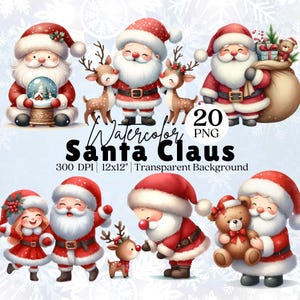 Pacote de clipart de Papai Noel em aquarela, Papai Noel fofo de Natal, clipart de Papai Noel fofo PNG para sublimação e artesanato, cartões de Natal