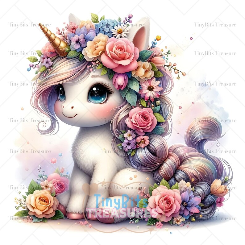 Floral Spring Unicorn Clipart, 15 JPG Watercolor Baby Unicorn, Fantasy ...