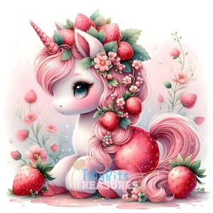 Clipart aquarelle de licorne bébé fraise, bébé licorne mignon, décoration fraise, fond blanc 15 JPG, journal indésirable, travaux manuels