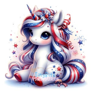 4th of July Unicorn Clipart, Patriotic Unicorn, Cute Unicorn, Baby Unicorn, White Background, Junk Journal, Whimsical, Digital Download