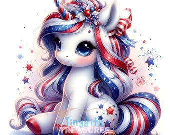May include: A white unicorn with red, white, and blue striped hair and tail. The unicorn is wearing a red, white, and blue flower crown and has blue eyes. The unicorn is sitting on a white background with red, white, and blue stars.