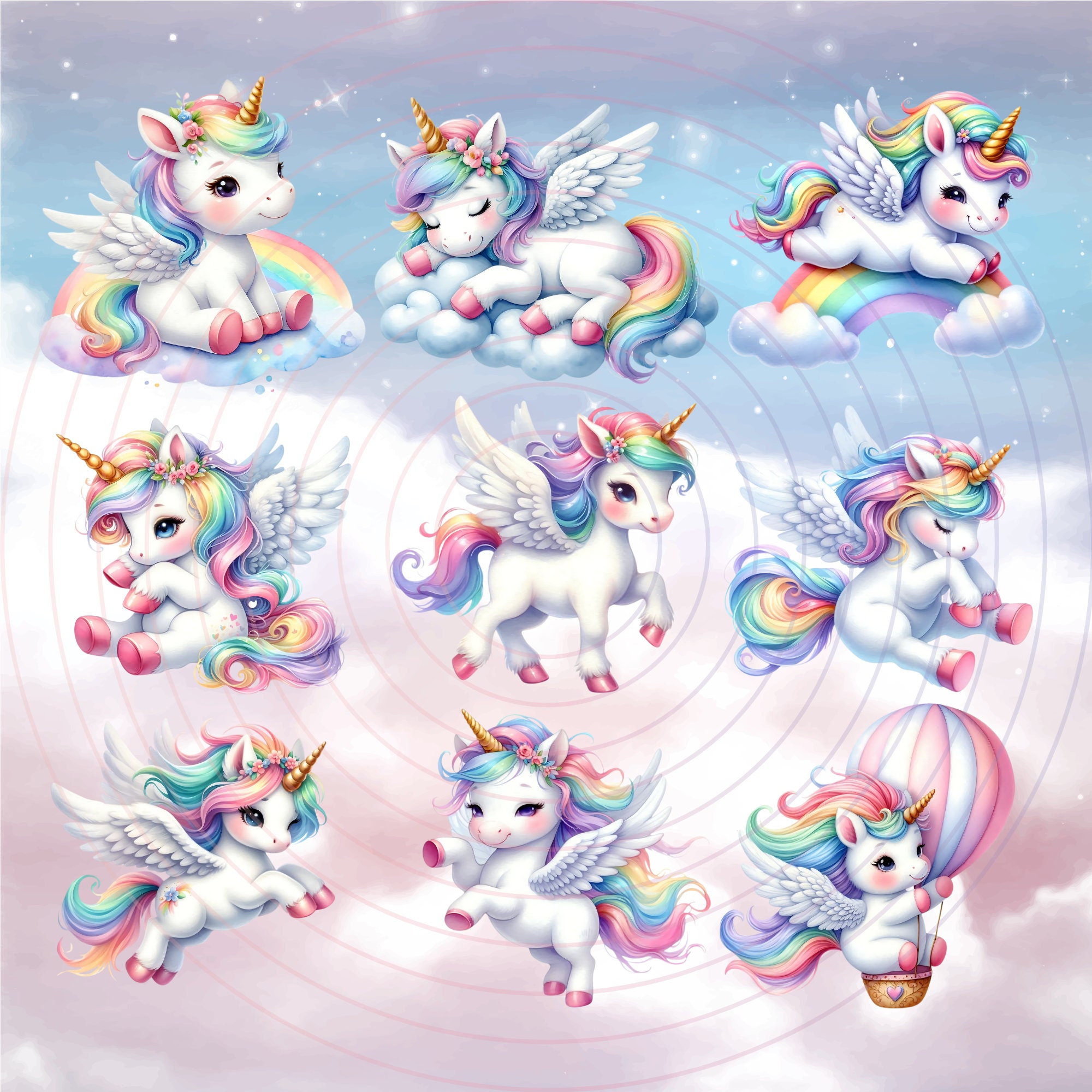 Watercolor Unicorn Clipart Bundle, Baby Unicorn PNG Files, Rainbow ...
