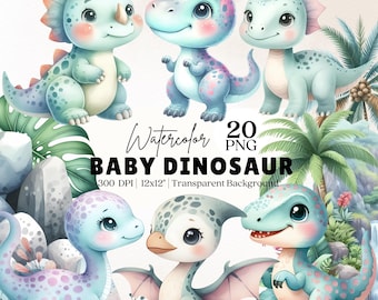 Può includere: Un set di 20 illustrazioni di dinosauri neonati ad acquerello con sfondo trasparente. I dinosauri sono in varie pose e colori, tra cui blu, verde, rosa e bianco. Le illustrazioni sono perfette per creare inviti, biglietti e altri lavoretti.