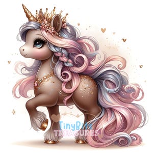 Clipart de Unicórnio Royal Mocha, Unicórnio Bebê Fofo JPG, Unicórnio Coroado, Fundo Branco, Diário de Sucatas, Artesanato DIY, Caprichoso, Download Digital