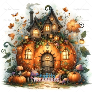 Whimsical Pumpkin House Clipart, 10 JPG Watercolor Halloween House ...