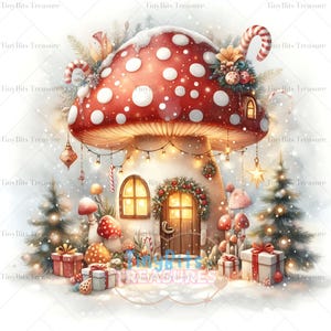 Christmas Mushroom House Clipart, 15 JPG Watercolor Mushroom Houses, Christmas Decor, Christmas Scrapbooking, Christmas Nursery, Papercraft