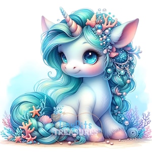 Aqua Baby Einhorn Clipart, Einhorn Meer, süßes Einhorn JPG,, weißer Hintergrund, Junk Journal, DIY Handwerk, wunderlich, digitaler Download