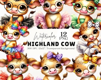12 PNG, Clipart di mucca delle Highlands, Simpatica mucca delle Highlands PNG, Vitello, Fiocco di animali, Cuccioli di animali, Stampe per la cameretta dei bambini, Design a sublimazione, Stravagante