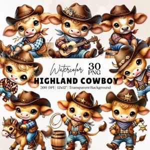 30 Watercolor Baby Highland Cowboy Clipart, Cute highland Cow Png, Baby Cow, Baby Animal, Nursery Decor, Sublimation Design, Whimsical