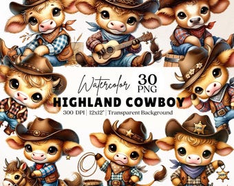 30 Watercolor Baby Highland Cowboy Clipart, Cute highland Cow Png, Baby Cow, Baby Animal, Nursery Decor, Sublimation Design, Whimsical