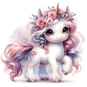 Aquarel Valentines Baby Unicorn clipart, schattige bloem Unicorn JPG, witte achtergrond, junk Journal, DIY Crafts, grillig, digitale download