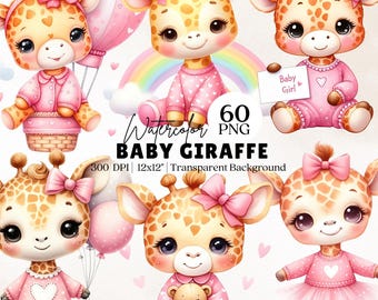 Giraffe Clipart Bundle, Cute Baby Giraffe, Baby Girl Giraffe, Pink Giraffe, Baby Shower Girl Decor, Nursery Girl Decor, Nursery Girl Prints