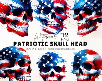 Patriotic American Flag Skull Clipart PNG Bundle, Watercolor 4th of July Patriot Skull, 4th of July Shirt, Sublimation Cards Mugs Gifts