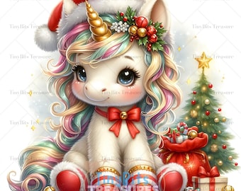 May include: A whimsical illustration of a Christmas unicorn. The unicorn is white with a golden horn and rainbow mane, wearing a Santa hat and red bow. A Christmas tree and a bag of gifts are also present. The word "TREASURES" is written on the image.
