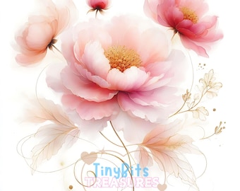 Abstract Pink Peonies Flower Watercolor Clipart Bundle, Pink Gold Flowers, 15 High Quality JPG, Instant Download, Watercolor Floral Art