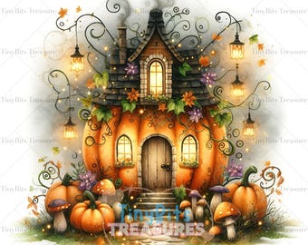 Whimsical Pumpkin House Clipart, 10 JPG Watercolor Halloween House, Pumpkin Fall Decor, Magical House, Fall Decor, Scrapbooking, Papercrafts