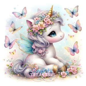 Schmetterling Einhorn Clipart, Frühling süße Blume Einhorn JPG, Pastell Einhorn, weißer Hintergrund, Junk Journal, Handwerk, Fantasy, Kinderzimmer Dekor