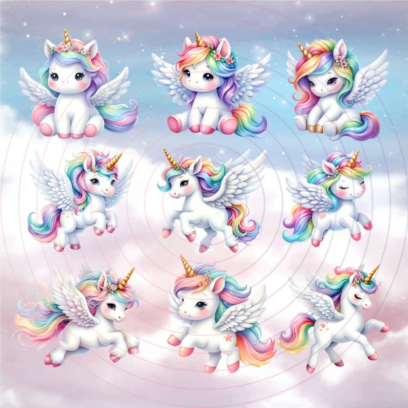 Watercolor Unicorn Clipart Bundle, Baby Unicorn PNG Files, Rainbow ...
