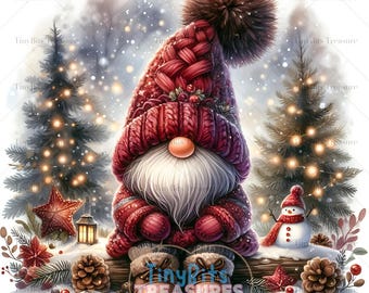 Puede incluir: Ilustración en acuarela de un gnomo navideño con un gorro rojo tejido con un pompón marrón y un atuendo a juego. El gnomo tiene una larga barba blanca y está sentado en un tronco con un muñeco de nieve, piñas y una estrella. El fondo presenta árboles de Navidad y nieve.